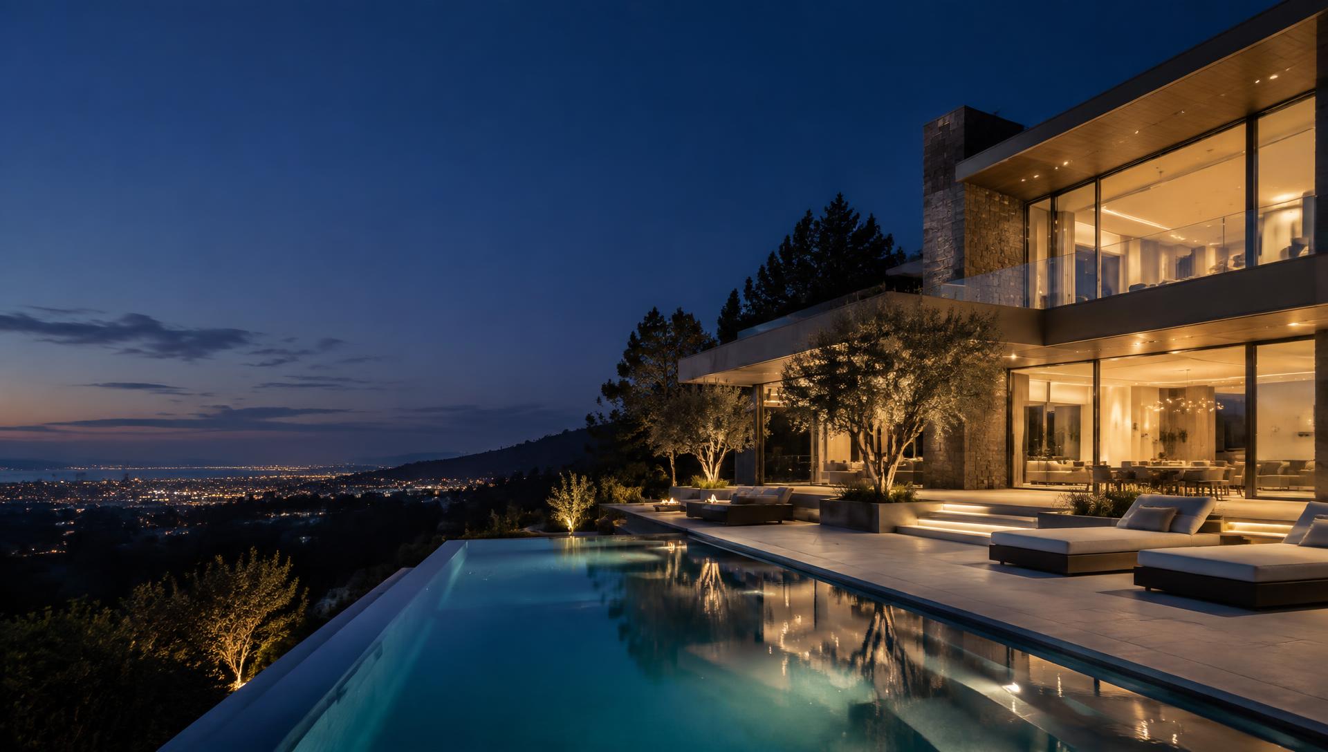 Contemporary hillside home at dusk